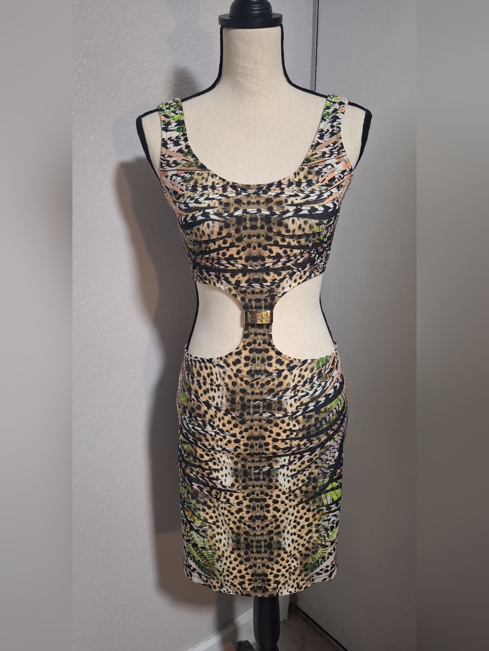 Waggon Paris Jungle Leopard Sleeveless Cutout Bodycon Mini Dress S